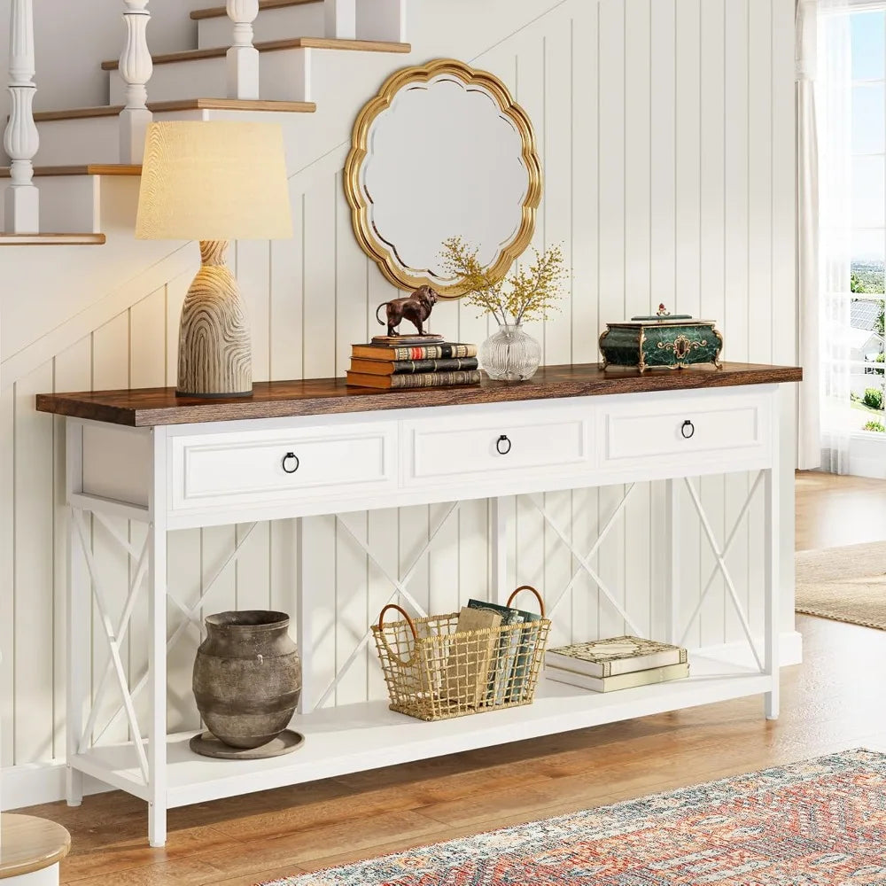 70.8" Farmhouse Console Table for Entryway with 3 Drawers and a Storage Shelf.
