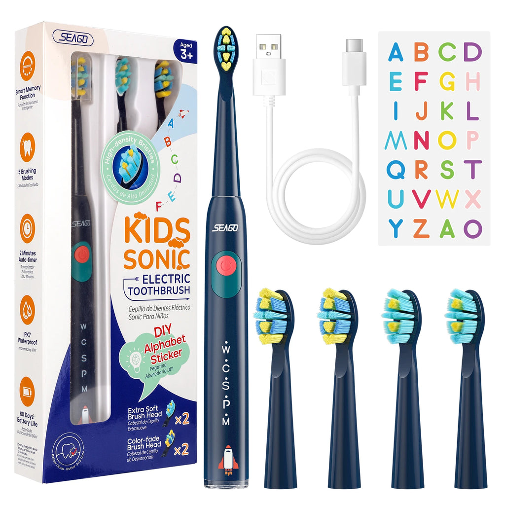 Kids Electric Rechargeable Waterproof Power Sonic Toothbrush for 3+Years of Age with 5 Modes; Replacement Head SG-2303