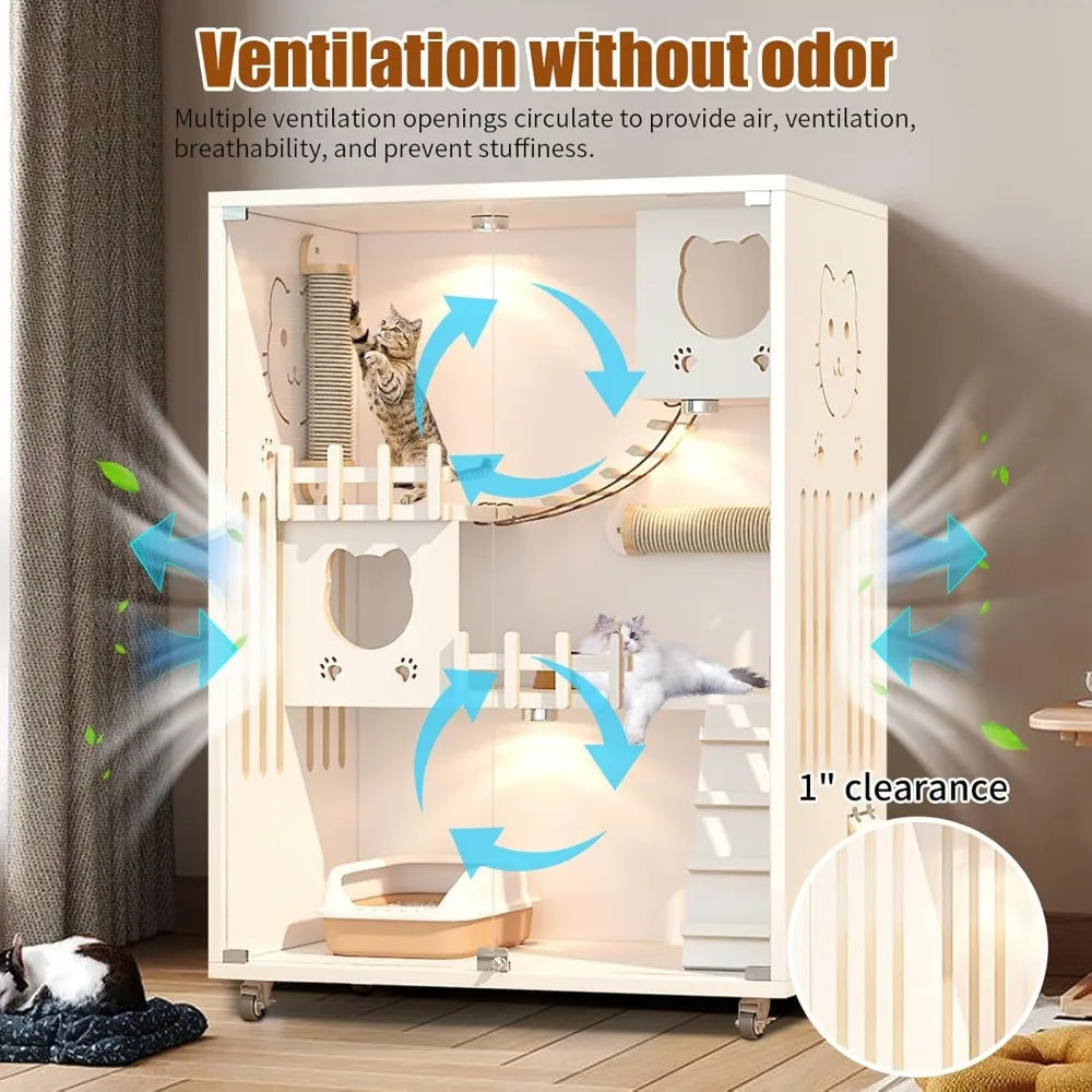 Large Wooden Enclosed Cat Condo on Wheels for Indoor/Outdoor Use.