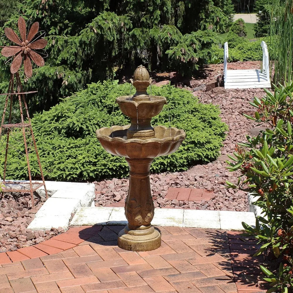 Blooming Flower 38-Inch 2-Tier Outdoor Water Fountain with Electric Submersible Pump.