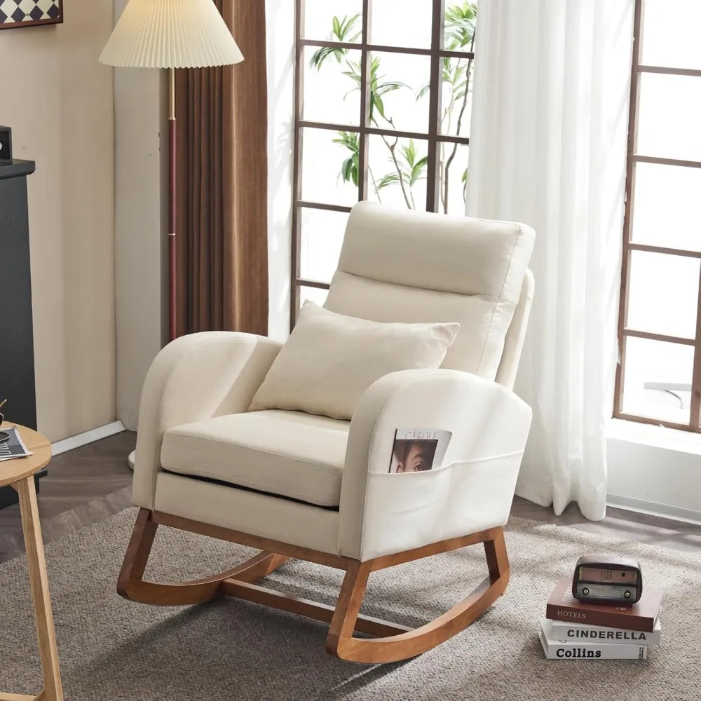 Upholstered Rocking Chair/Glider with Thick Headrest, Curved Armrest and Side Pockets. Two Styles and Various Colors.