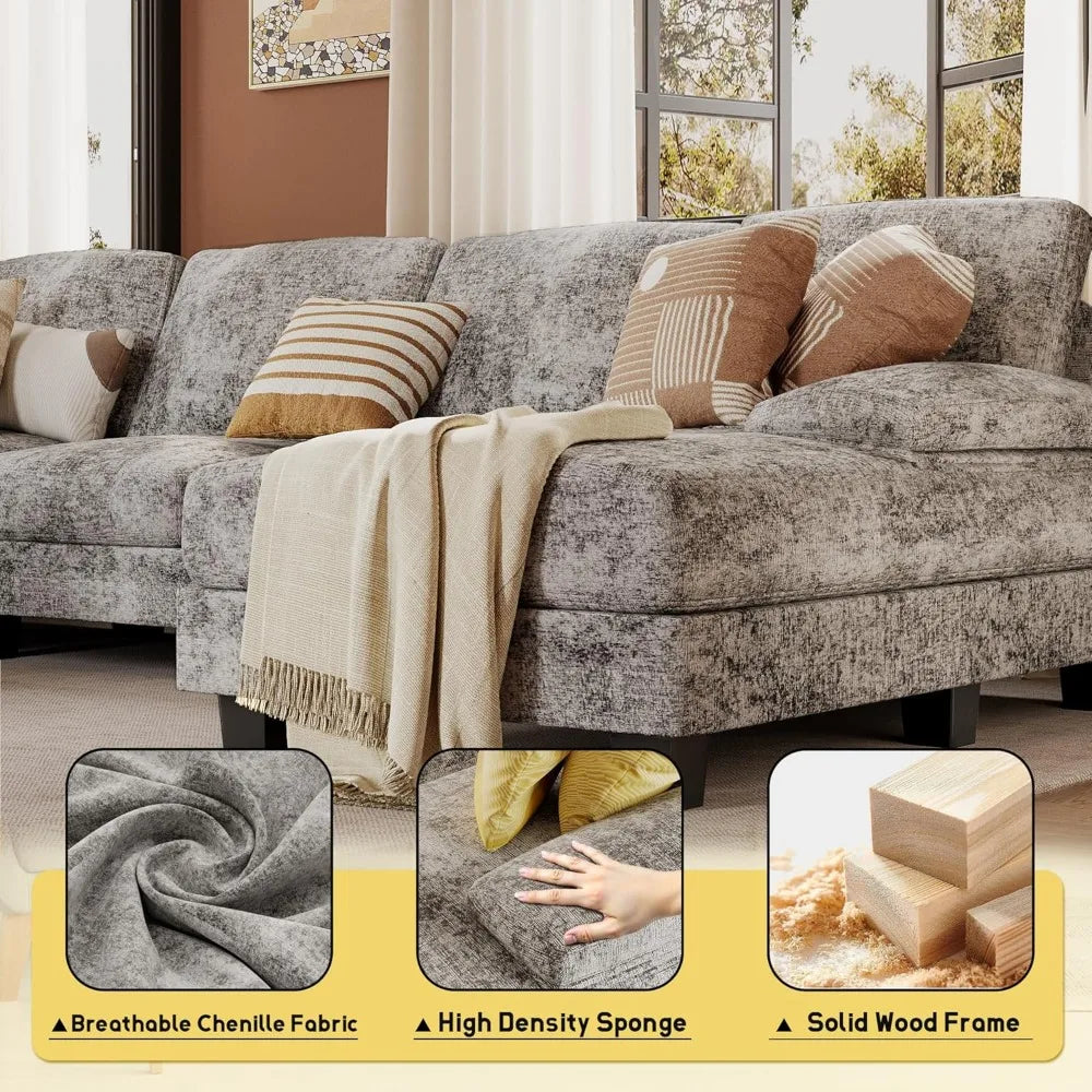 4-Seat Sectional U-Shaped Couches with Chenille Fabric with Removable Pillows. Various Colors.