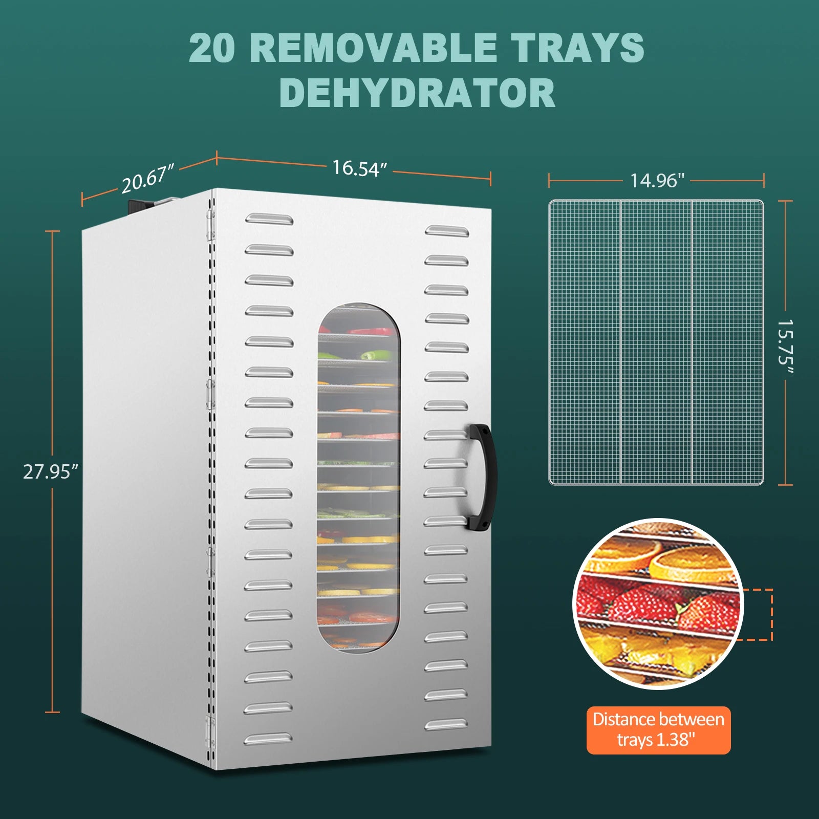Stainless Steel Commercial Food Dehydrator with Adjustable Timer and 20 Trays