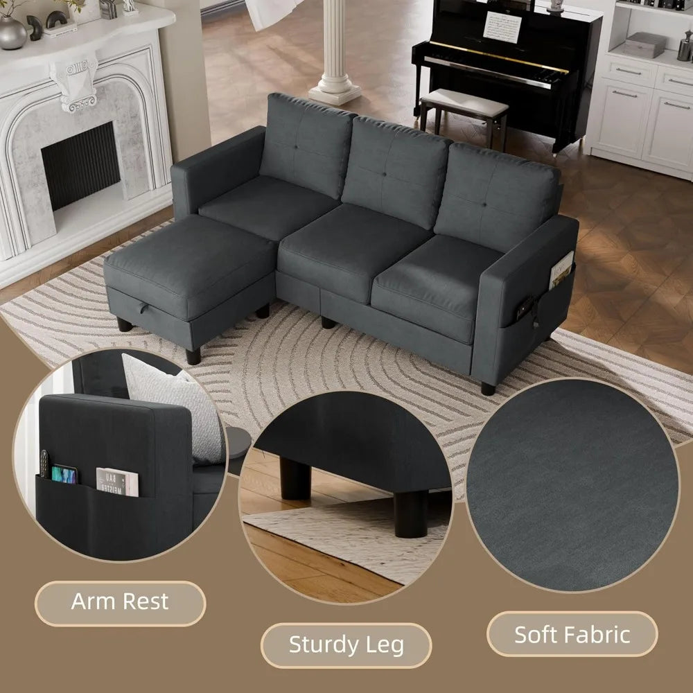 Convertible 3-Seat Sectional L-Shaped Couch  with Linen Fabric.