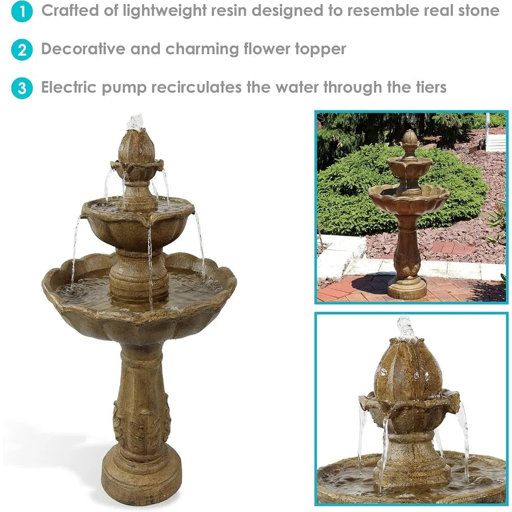 Blooming Flower 38-Inch 2-Tier Outdoor Water Fountain with Electric Submersible Pump.