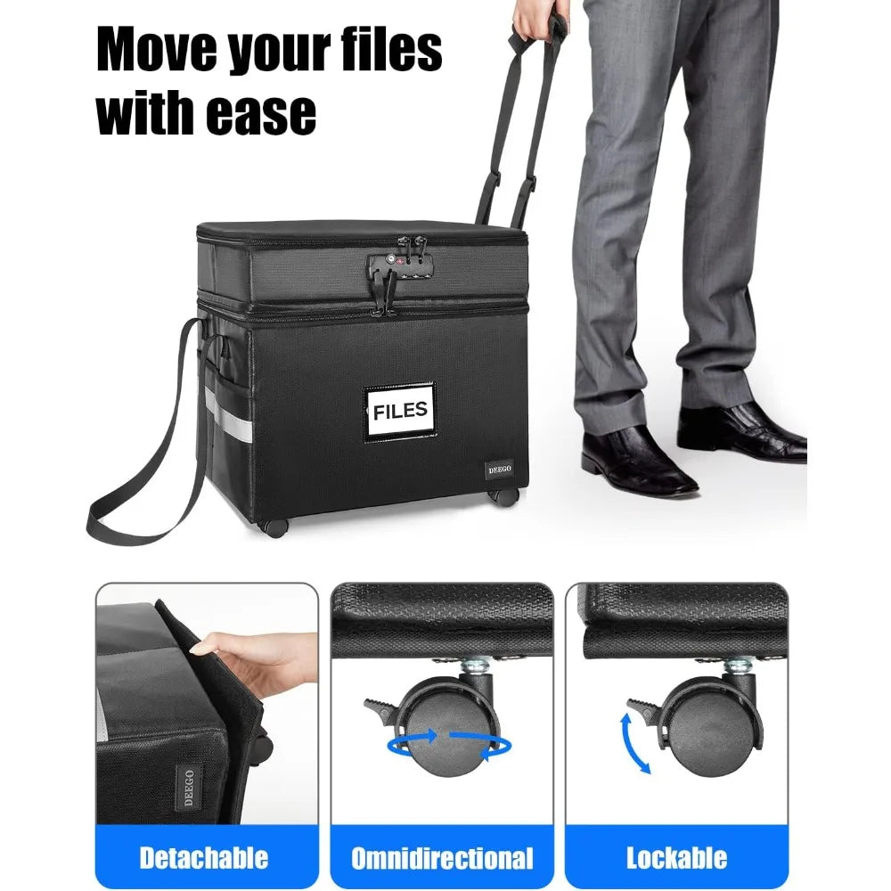 Fireproof and Water Resistant File Organizer on Wheels  with Multiple Pockets