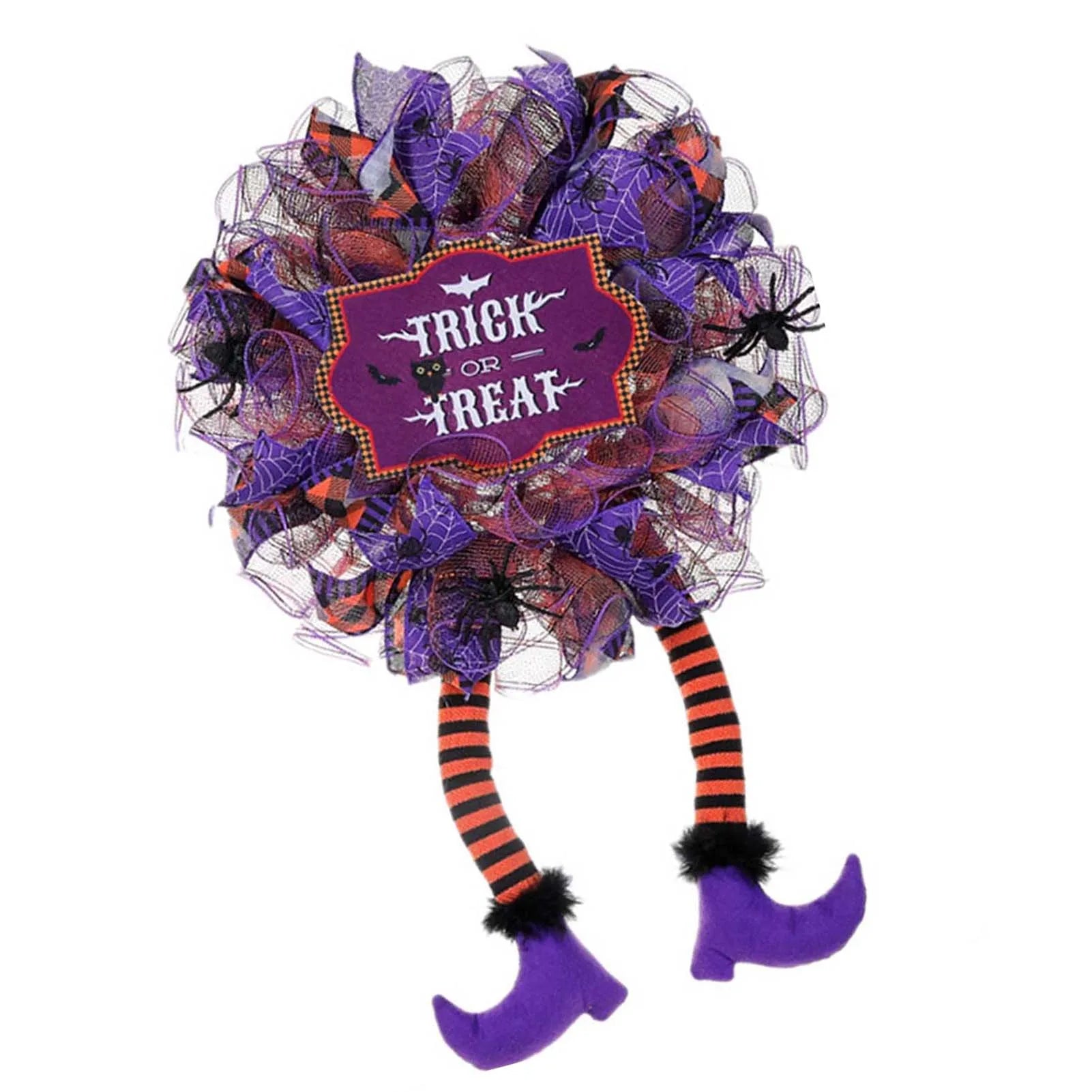 Cute Halloween Purple Mesh Door or Window Wreath with Witch Leg