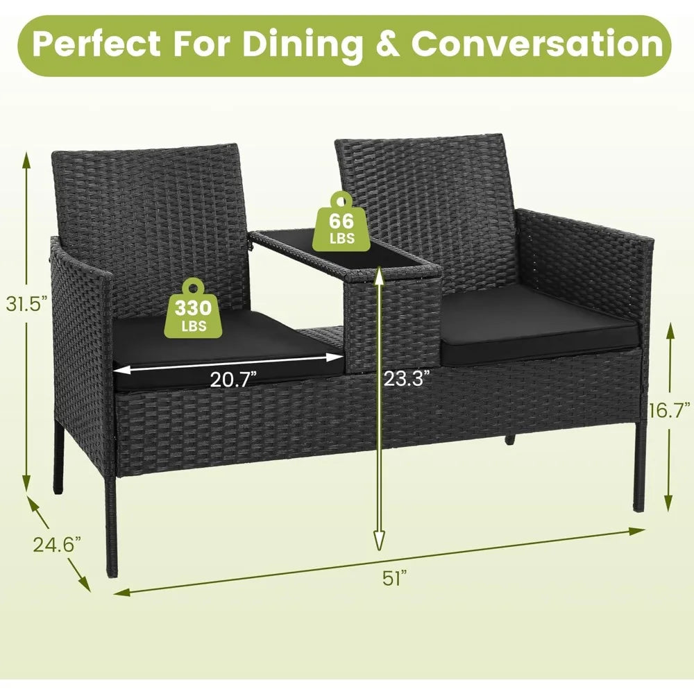 Wicker 2 Seat Outdoor Rattan Loveseat with Table and Washable Cushion Covers