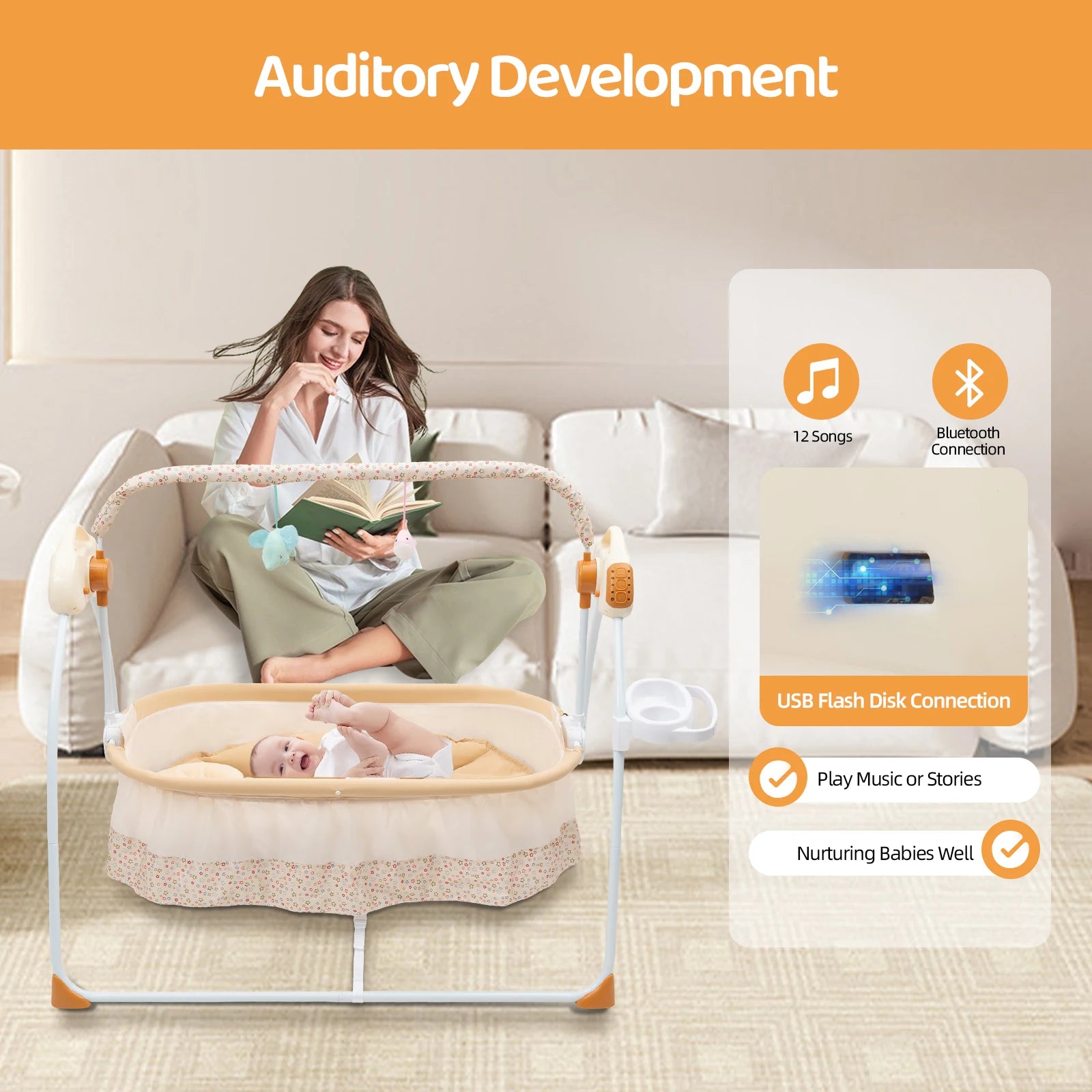0-18 Months Infant Electric Foldable Baby Crib with Auto Swing and Remote Control.