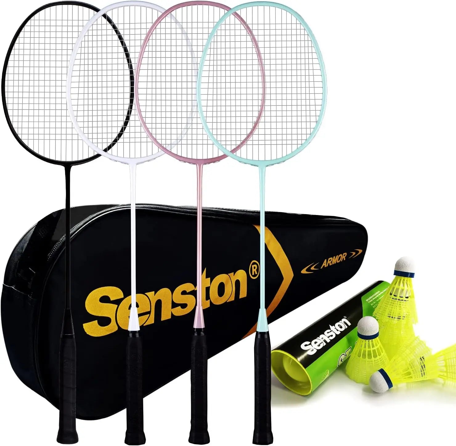 4 Pack Lightweight Badminton Rackets with 6 Nylon Shuttlecocks with Carrying Case for Outdoor use.