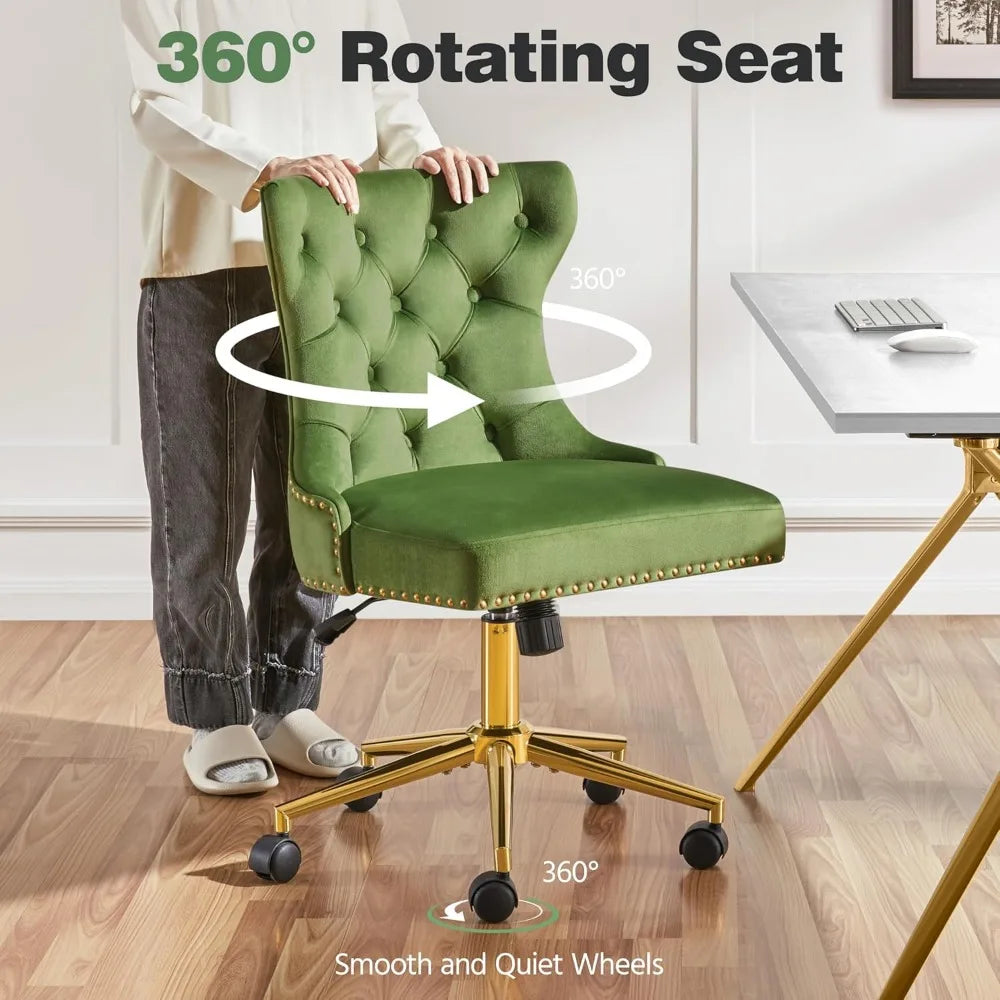 Adjustable Armless Velvet Desk or Vanity Chair with Back, Gold Base/Wheels and Rotating Seat,