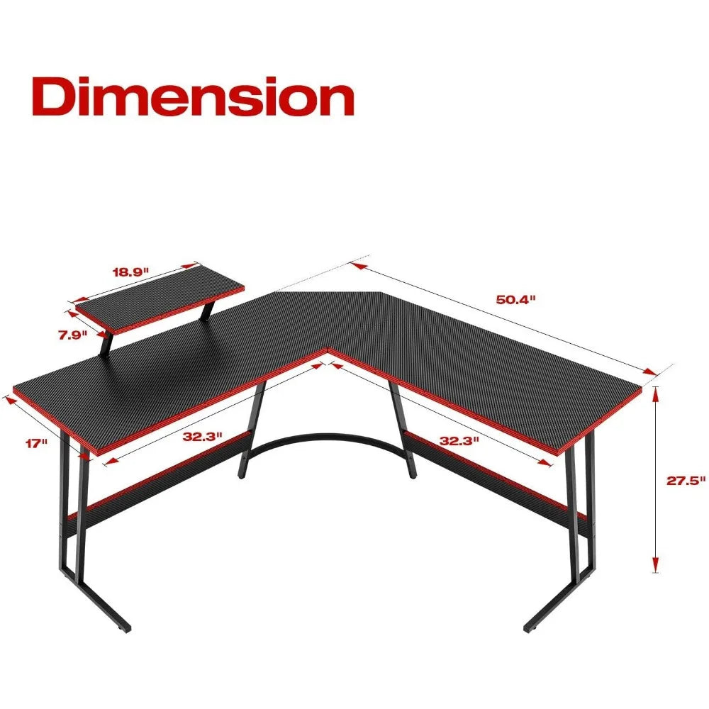 L-Shaped PC Gaming Desk with Large Monitor Riser Stand.