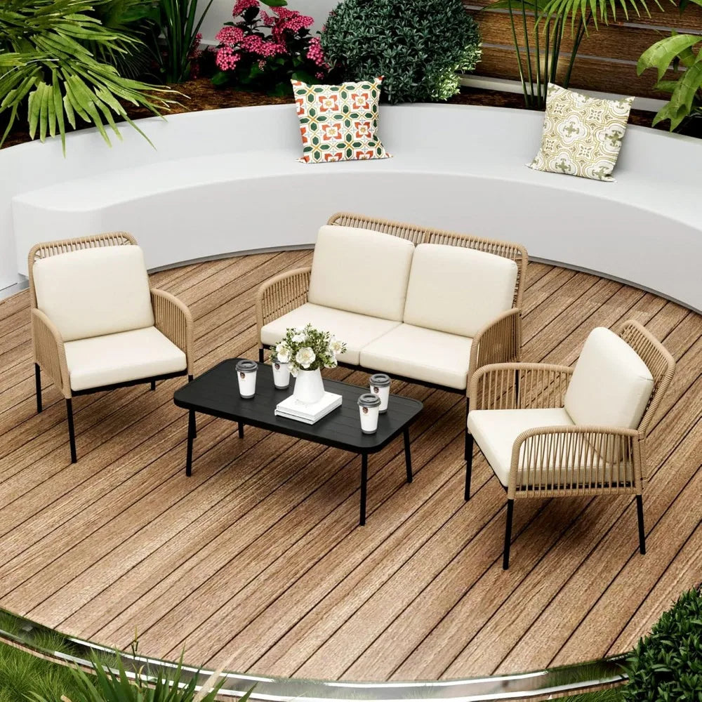 4 Pieces Outdoor All-Weather Rattan Patio Furniture Set with 2 Wicker Chairs. Loveseat & Table
