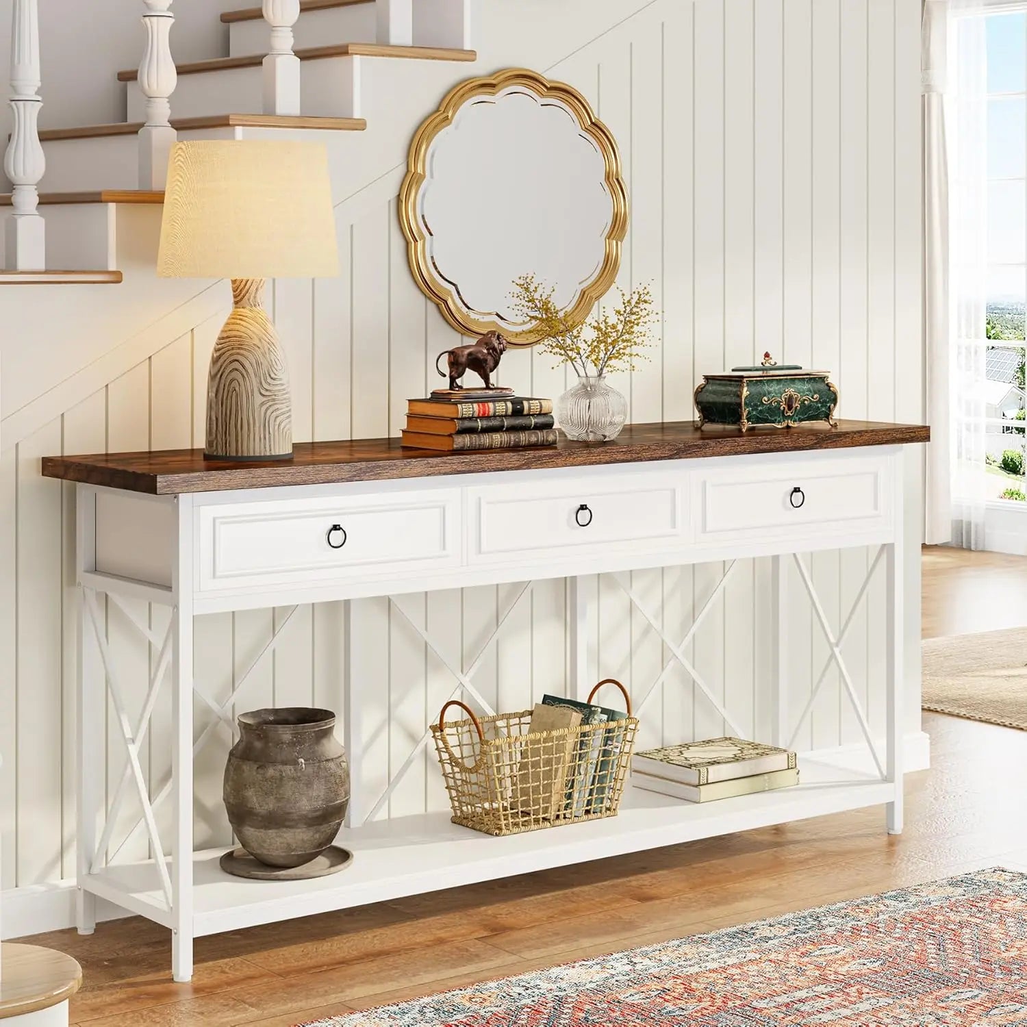 70.8" Farmhouse Console Table for Entryway with 3 Drawers and a Storage Shelf.
