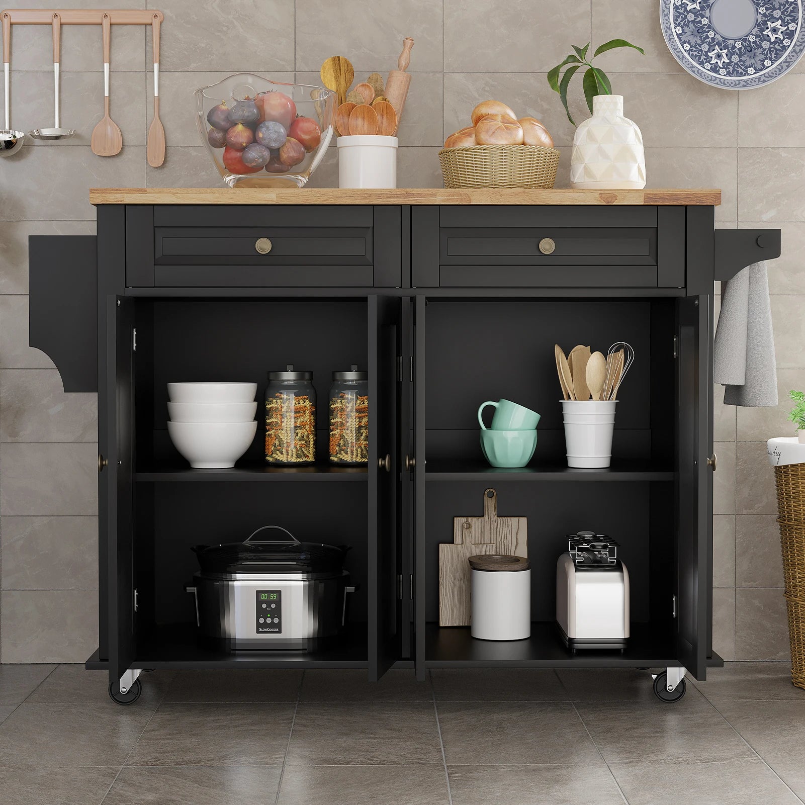 Rolling Kitchen Island with Drop Leaf and Storage Cabinet.