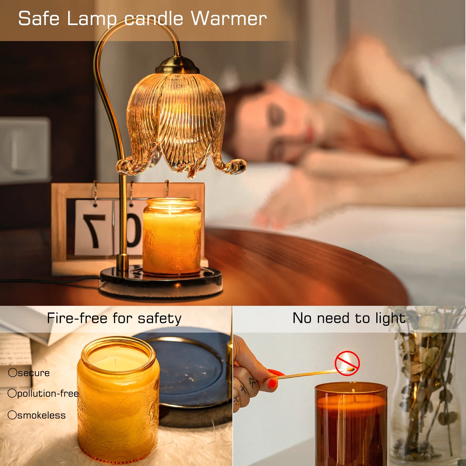 Tulip Flower Candle Warmer Bedside Night Light with Bulb and  Jar Candle Included