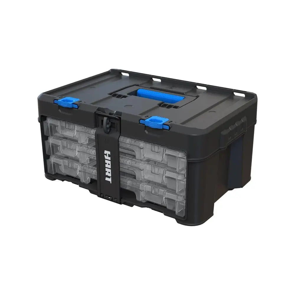 Modular Garage Organizer Container Set with Clear Plastic Dividers.