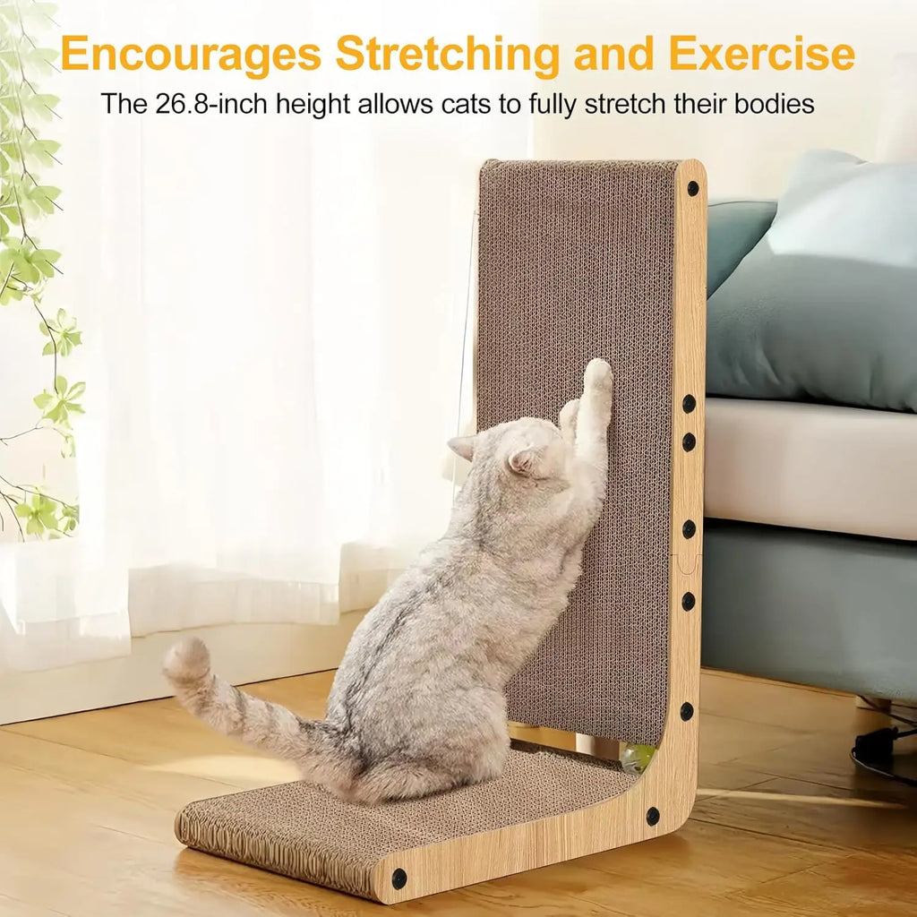 Vertical L-Shaped Cardboard Cat Scratching Post with Ball Toy.