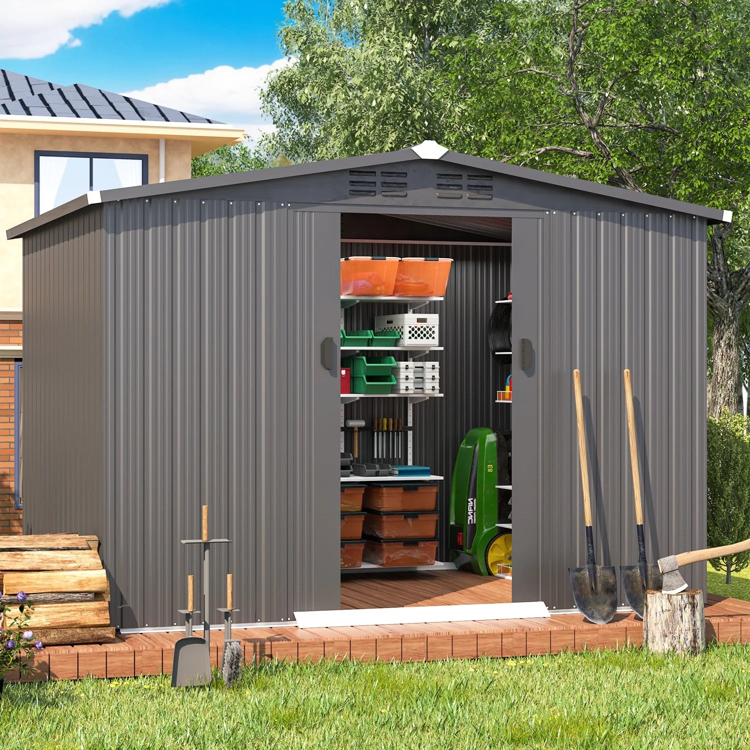 8x6 Ft Outdoor Storage Shed with Sliding Door and Metal Frame