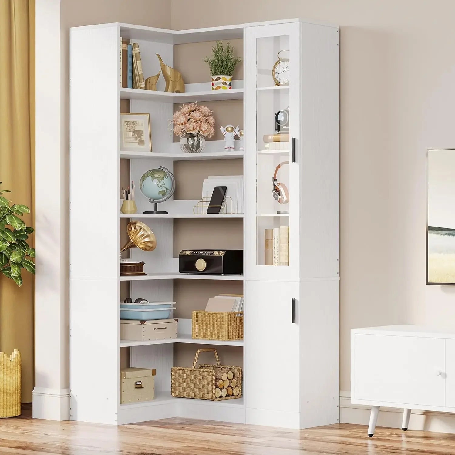 6-Shelf Corner Bookshelf with Doors and Storage,
