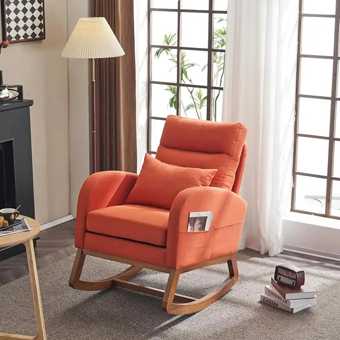 Upholstered Rocking Chair/Glider with Thick Headrest, Curved Armrest and Side Pockets. Two Styles and Various Colors.