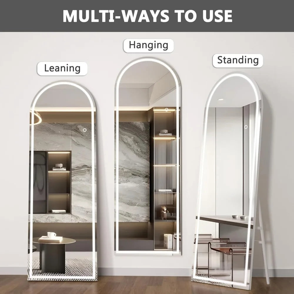 White Frame Arch LED Full Length Mirror with 3 Colors.
