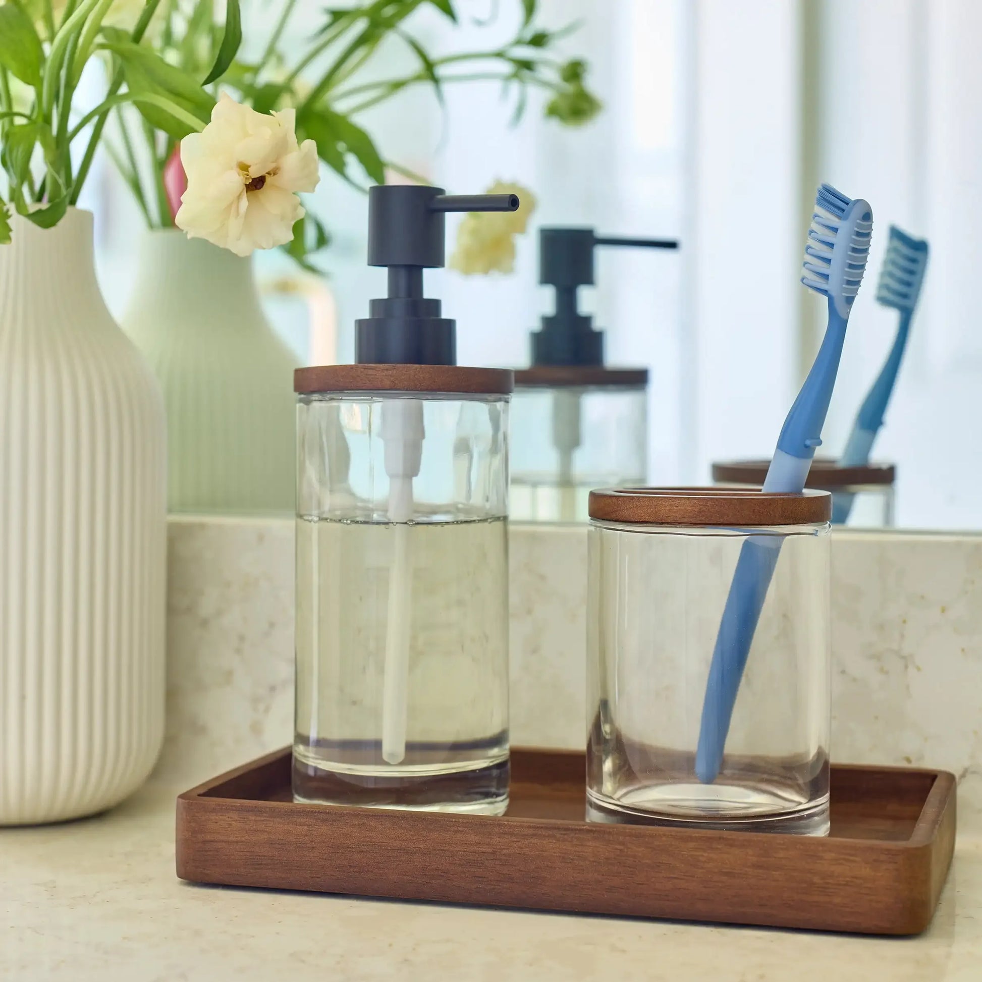 Acacia Wood and Glass Toothbrush Holder