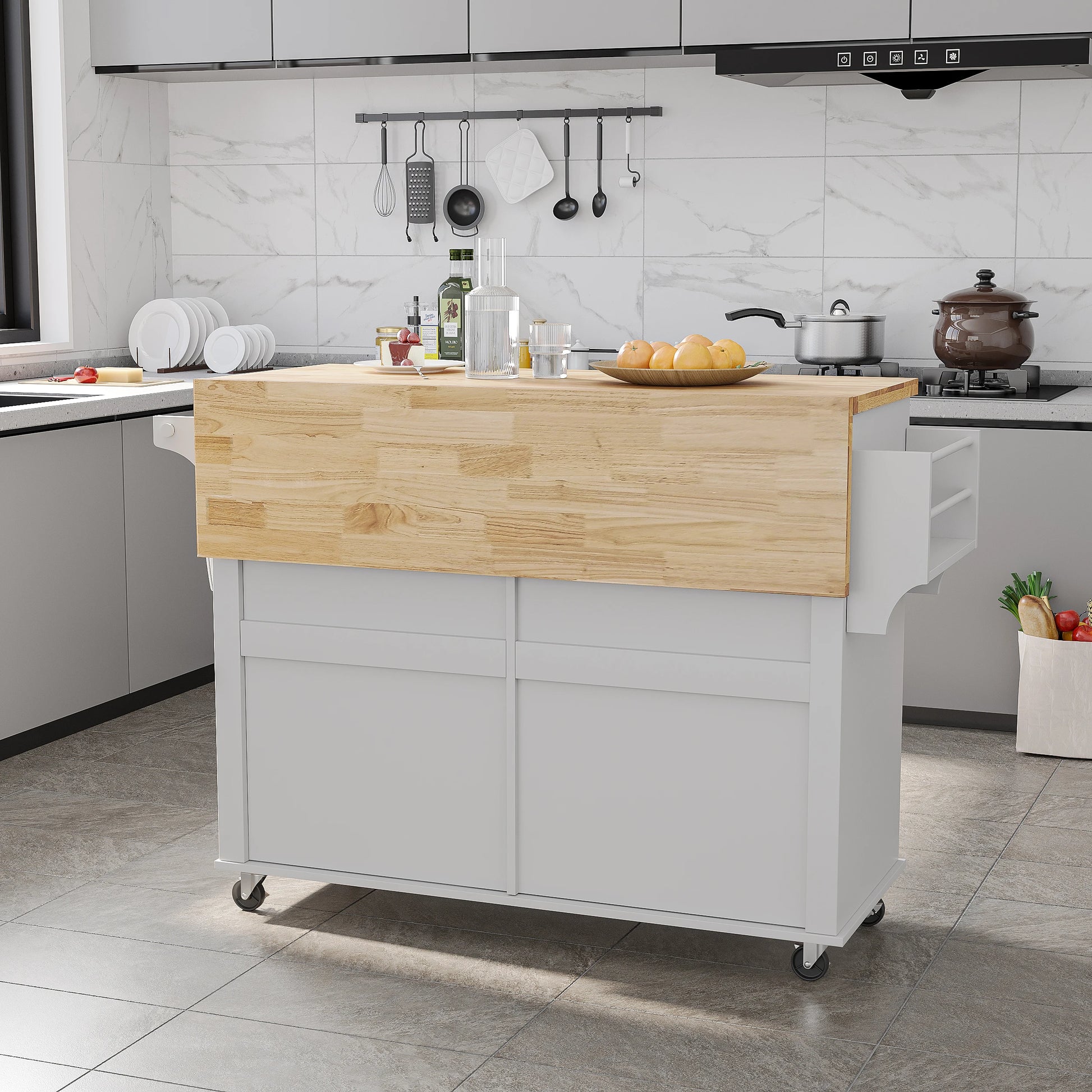 Rolling Kitchen Island with Drop Leaf and Storage Cabinet.
