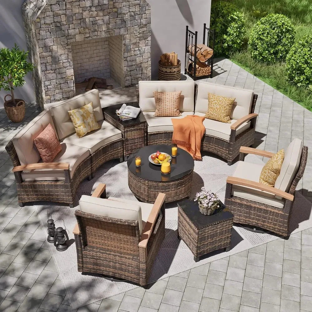 9 Piece Outdoor Patio Furniture Set, Half-Moon Curved Sectional Sofa Rattan Patio Conversation Set