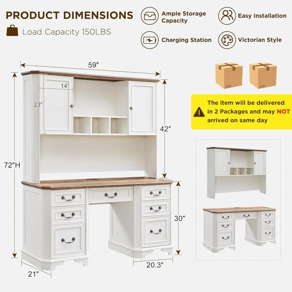 59" Farmhouse Executive Desk with Hutch,Wood Home Office Computer Desk, Featuring Keyboard Tray,Charging Station,File Drawer, S