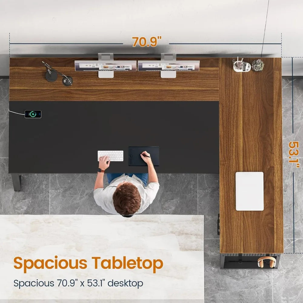 Large Reversible L-Shaped 71" Executive Desk with Power Outlets, File Drawers & Storage Shelves.