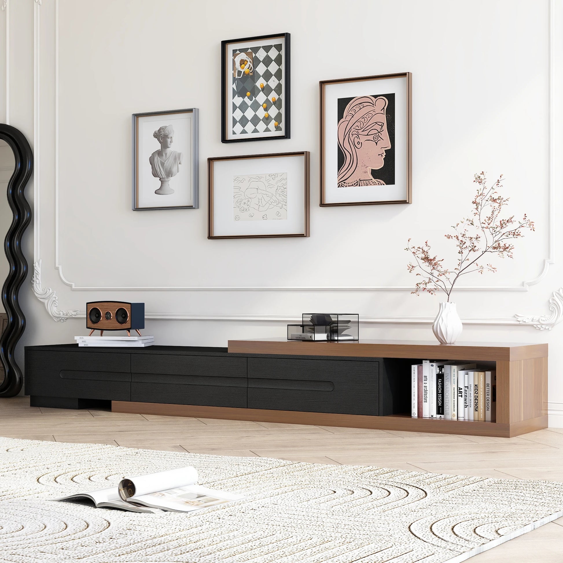 82-110'' Wooden Extendable TV Media Console w/3 Drawers & Open Storage Shelf,