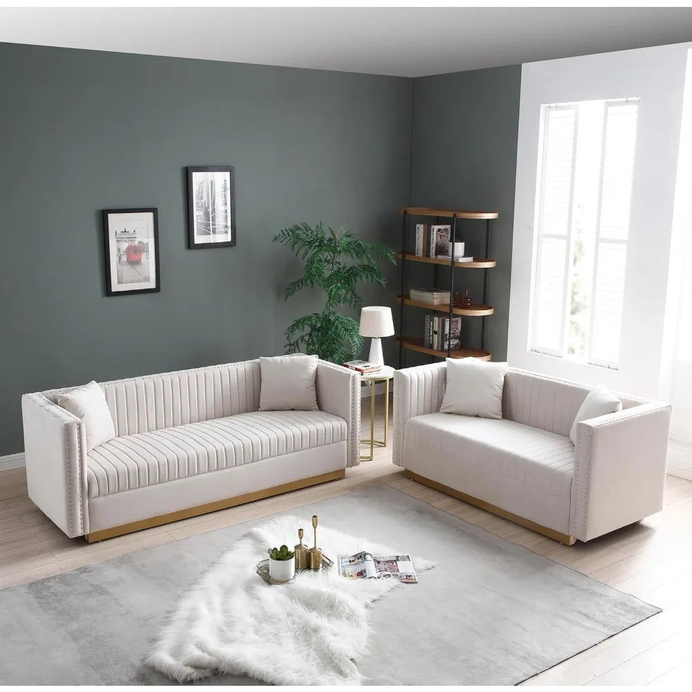 Luxury Velvet Sofa Set for Living Room with Nailhead Gold Metal Legs and 4 Pillows.