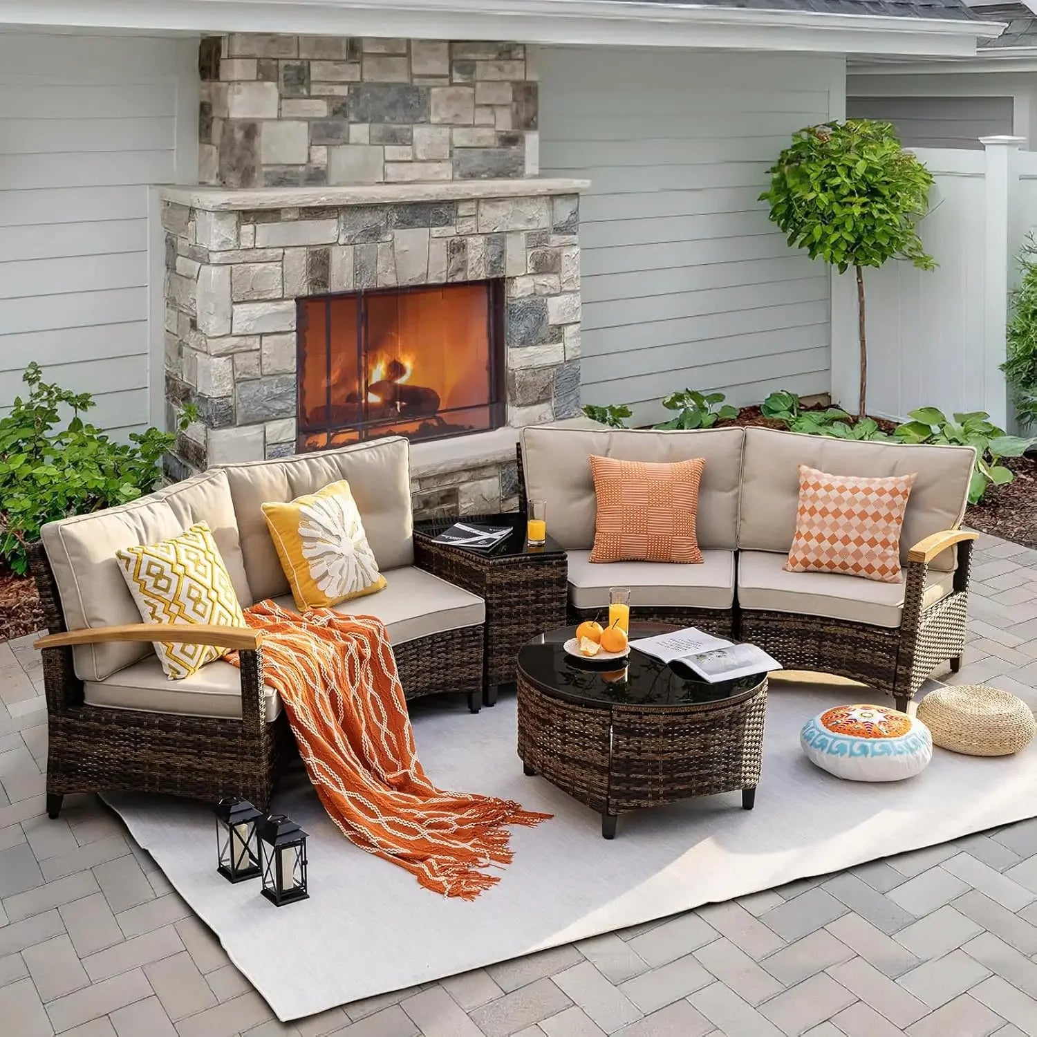9 Piece Outdoor Patio Furniture Set, Half-Moon Curved Sectional Sofa Rattan Patio Conversation Set