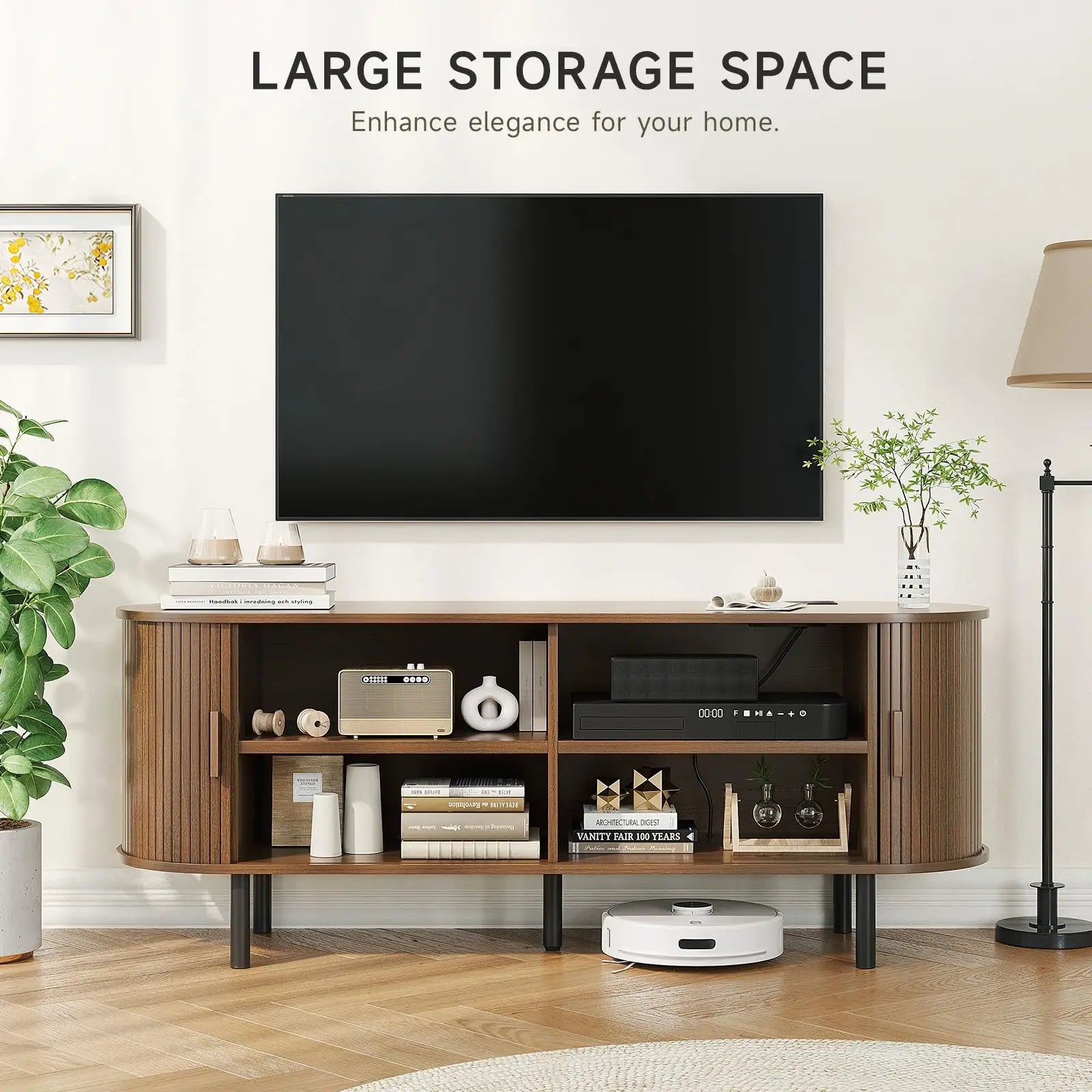 TV Stand with Power Outlet for TVs up to 60/70",  Sliding Door Storage Adjustable Shelves.
