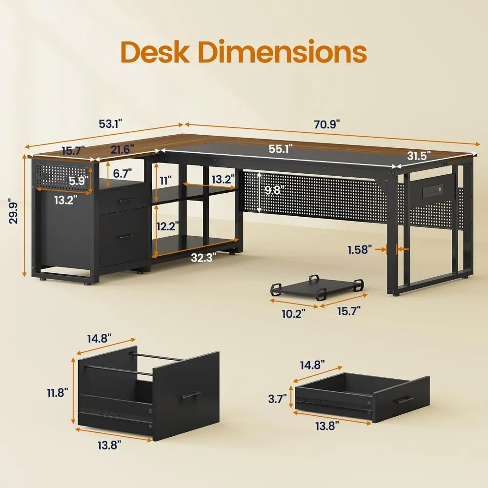 Large Reversible L-Shaped 71" Executive Desk with Power Outlets, File Drawers & Storage Shelves.