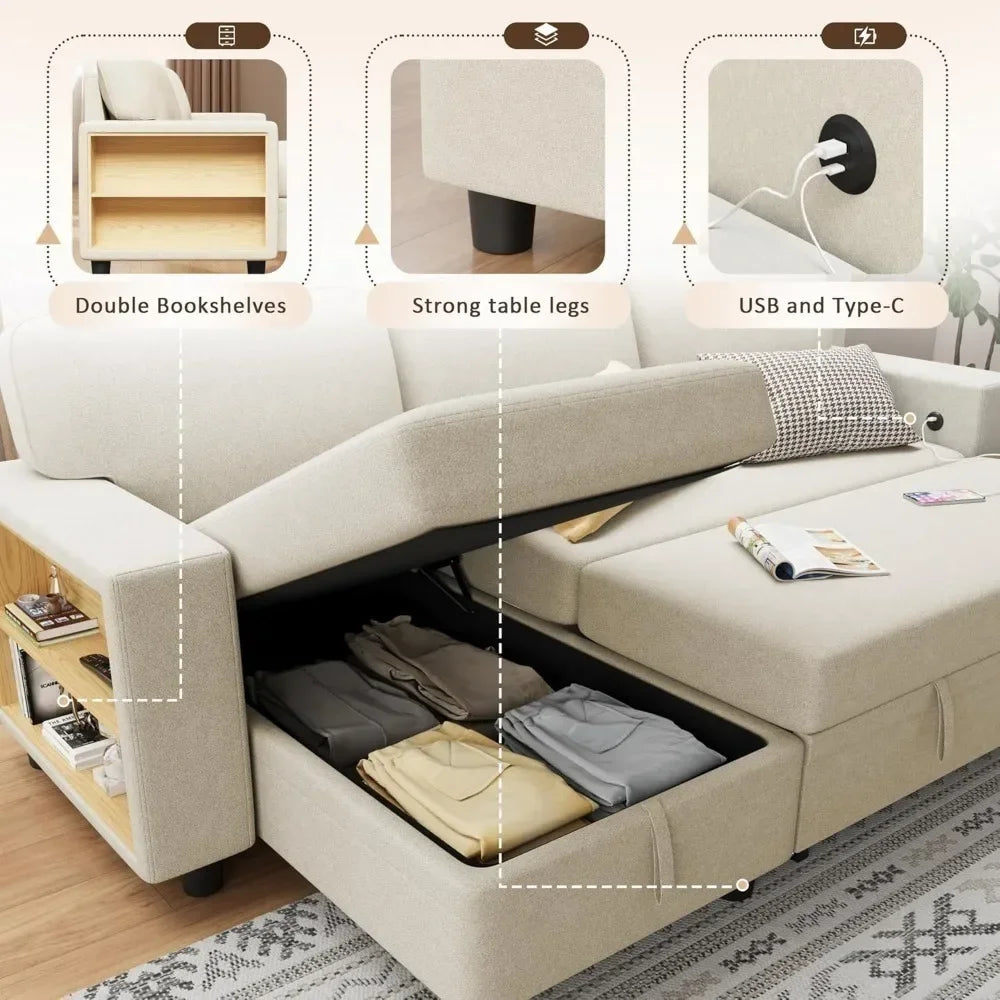 Sleeper Sofa with Built-in Large Storage and 2 Bookshelves and USB.