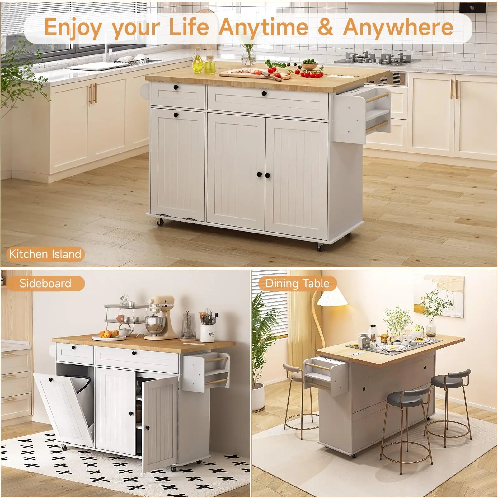 60" Rolling Kitchen Island with Drop Leaf, Power Outlet, Trash Bin and Towel Rack.