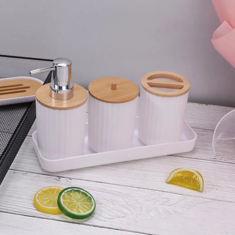 7 Piece Bamboo Bathroom Accessory Set.