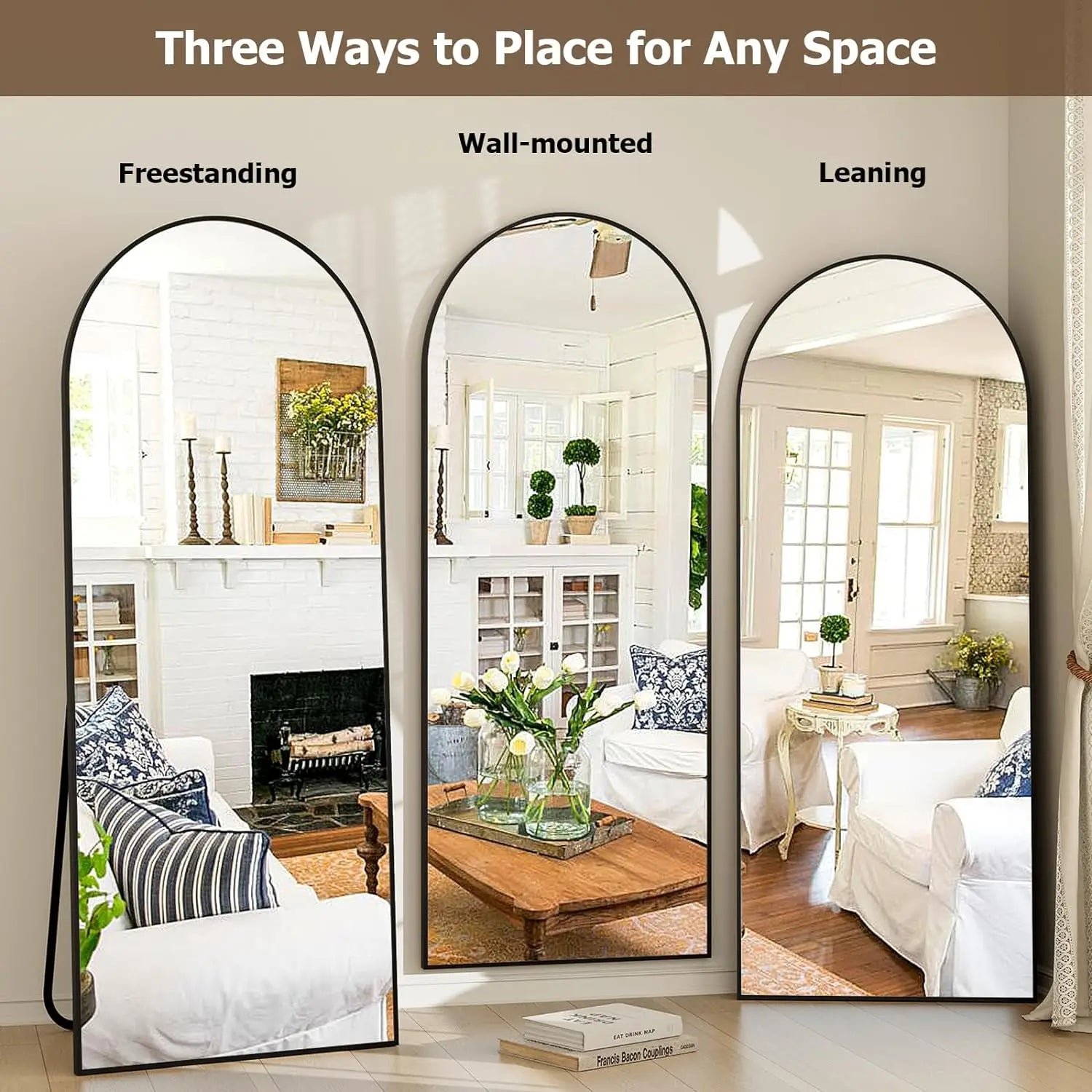 21x64 inch Arched Full Length Aluminum Alloy Mirror in Black or Gold.