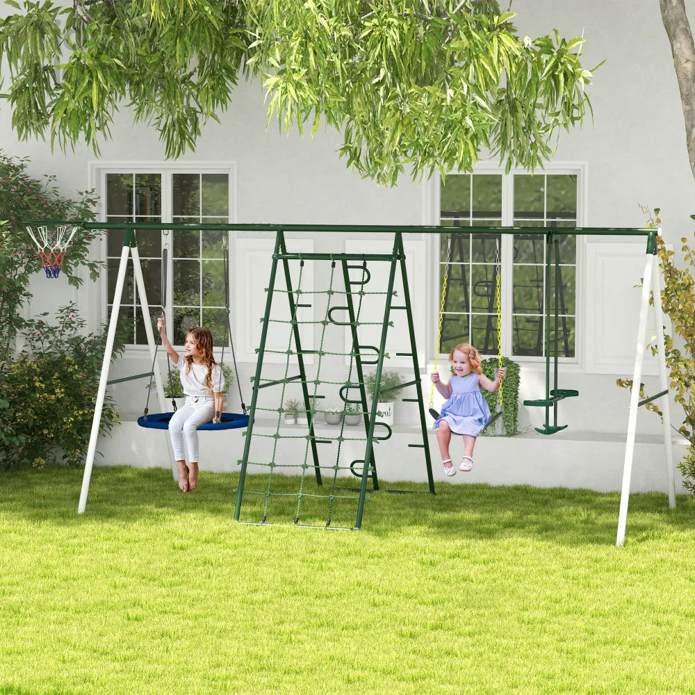 528 lb. capacity 5 in 1 Heavy Duty Swing Set with Saucer Swing and Slide.