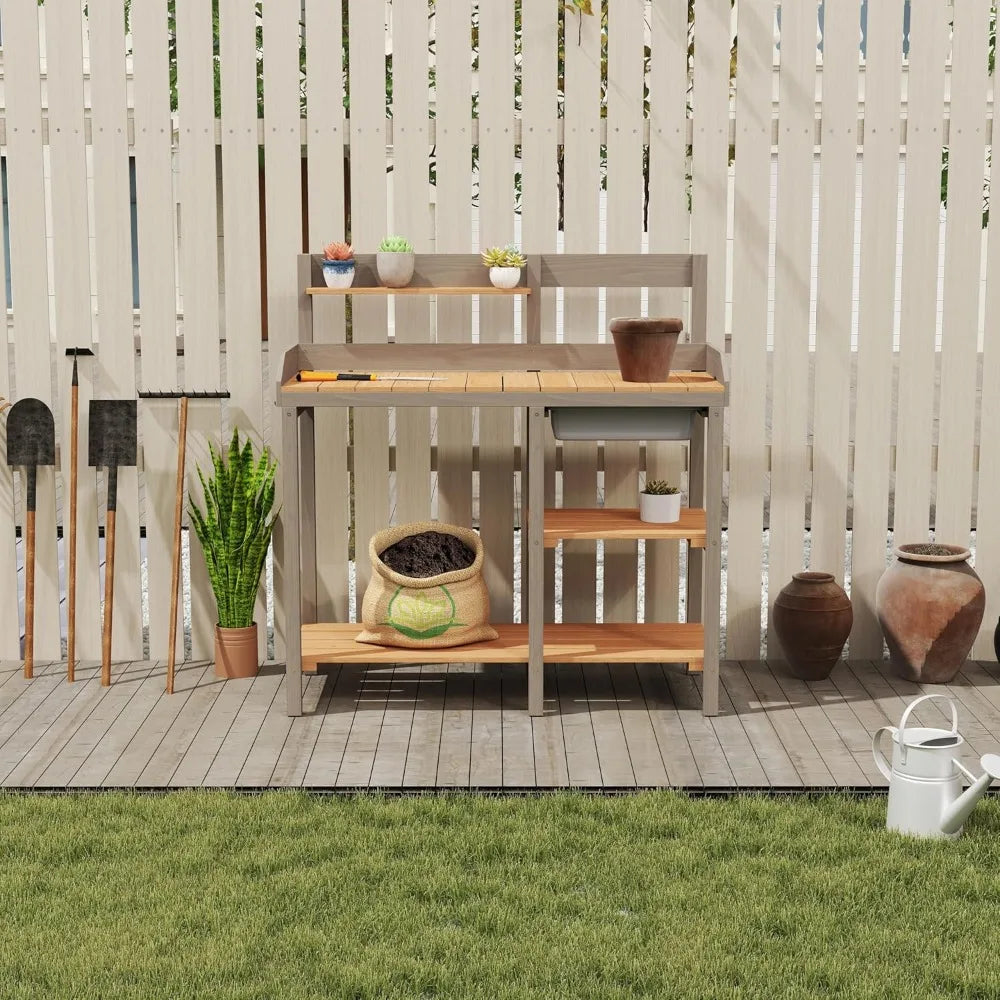 Outdoor Potting Bench  with Shelves for use as Planting Table.