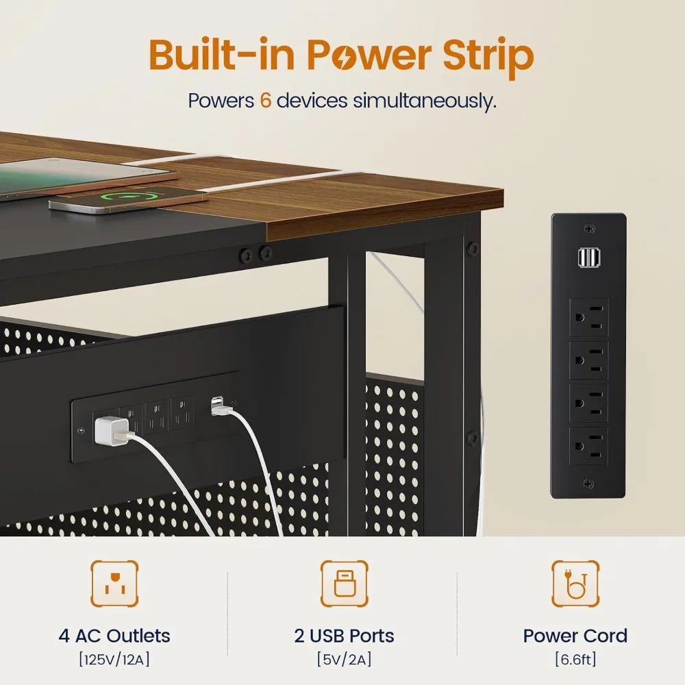 Large Reversible L-Shaped 71" Executive Desk with Power Outlets, File Drawers & Storage Shelves.