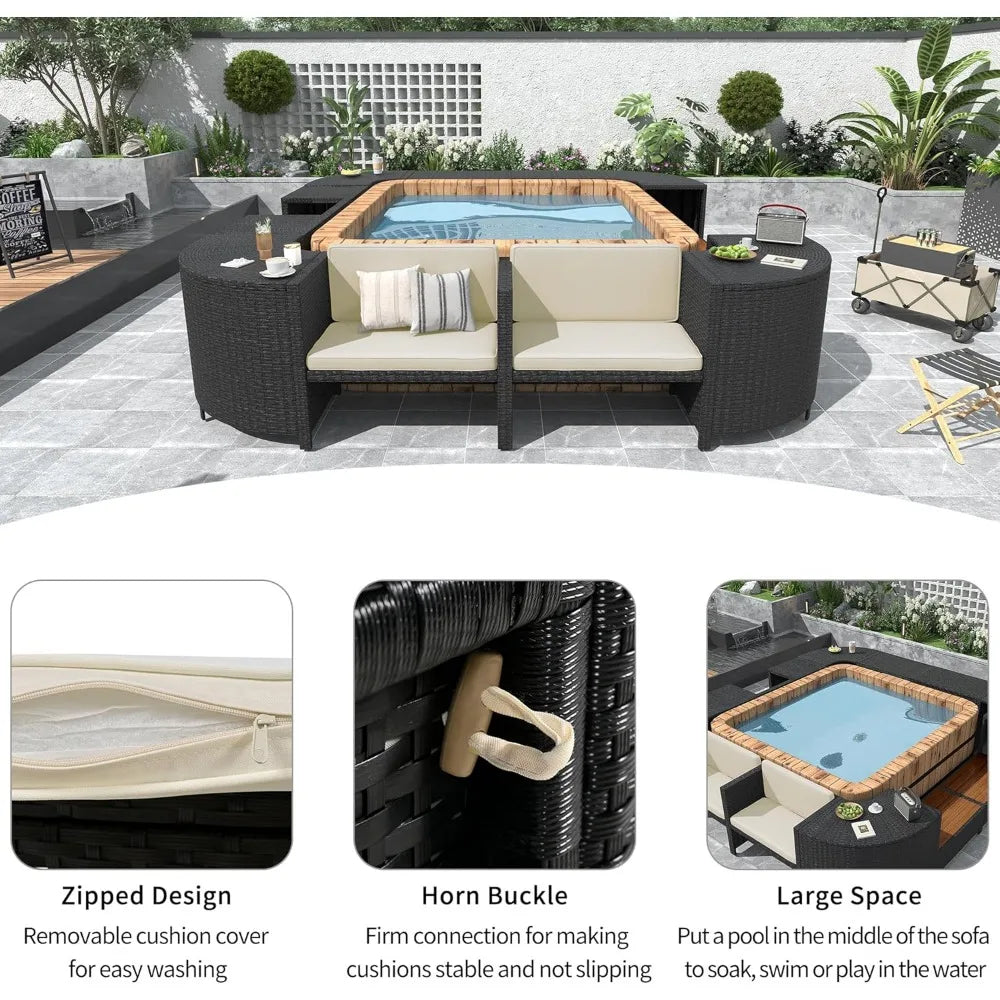 Patio Spa Surround Rattan Sofa Set with Wooden Seats and Storage Spaces.