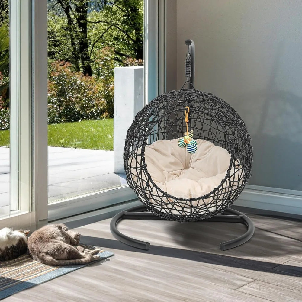Rattan Wicker Appearance Swinging Cat Bed with Stand & Cushion for Small Animals.