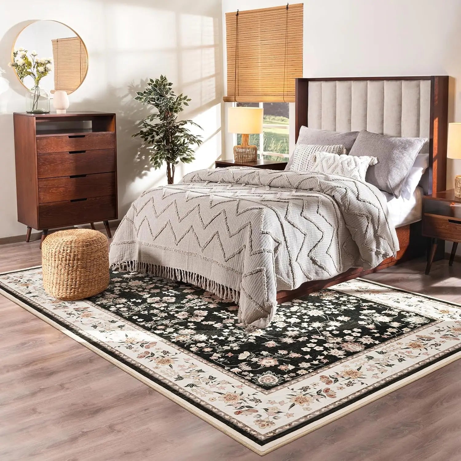 Washable Area Rug for Living Room with Vintage Floral Print.