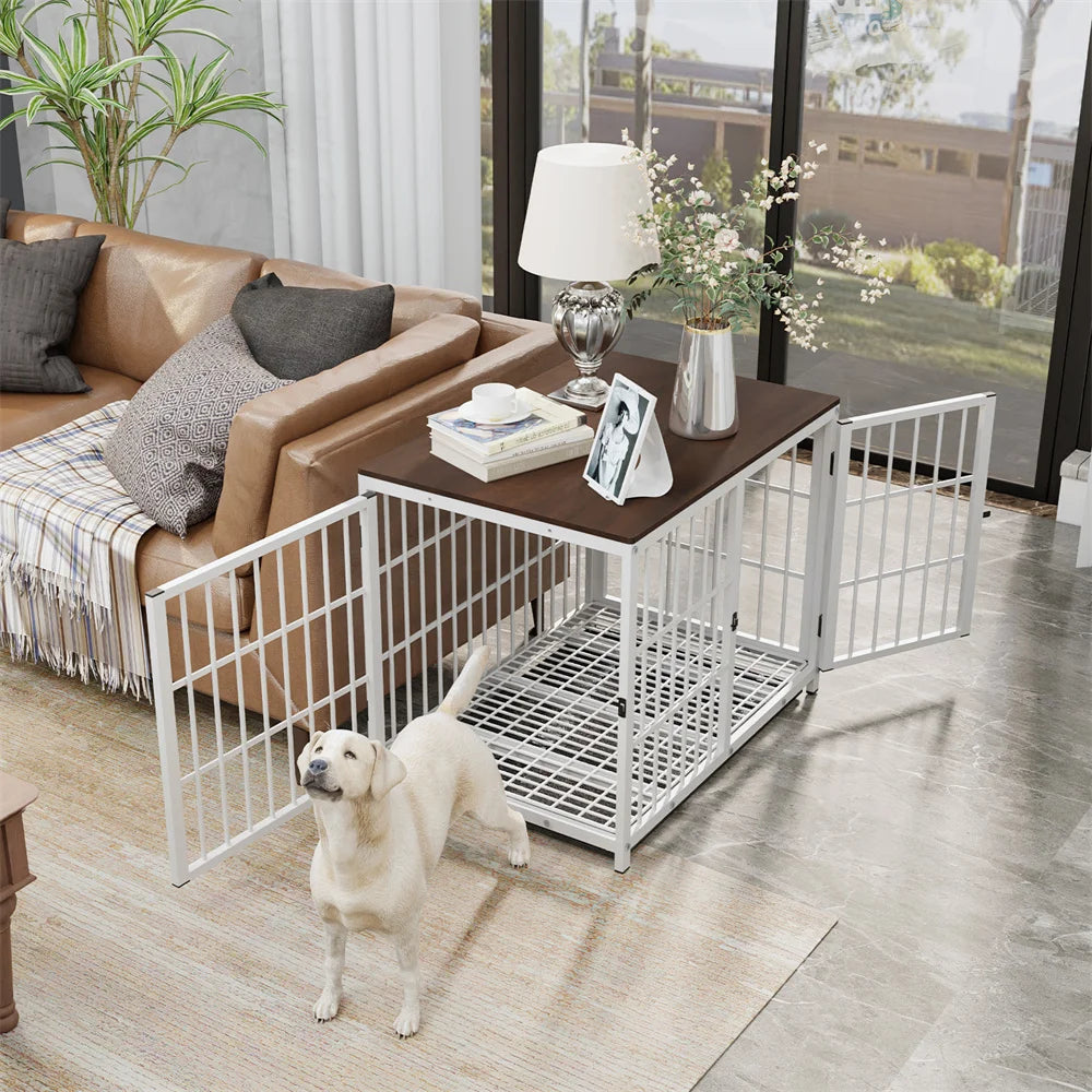 Large Indoor Wooden Dog Crate with 3 Doors and a Removable Tray; Can Serve As End Table