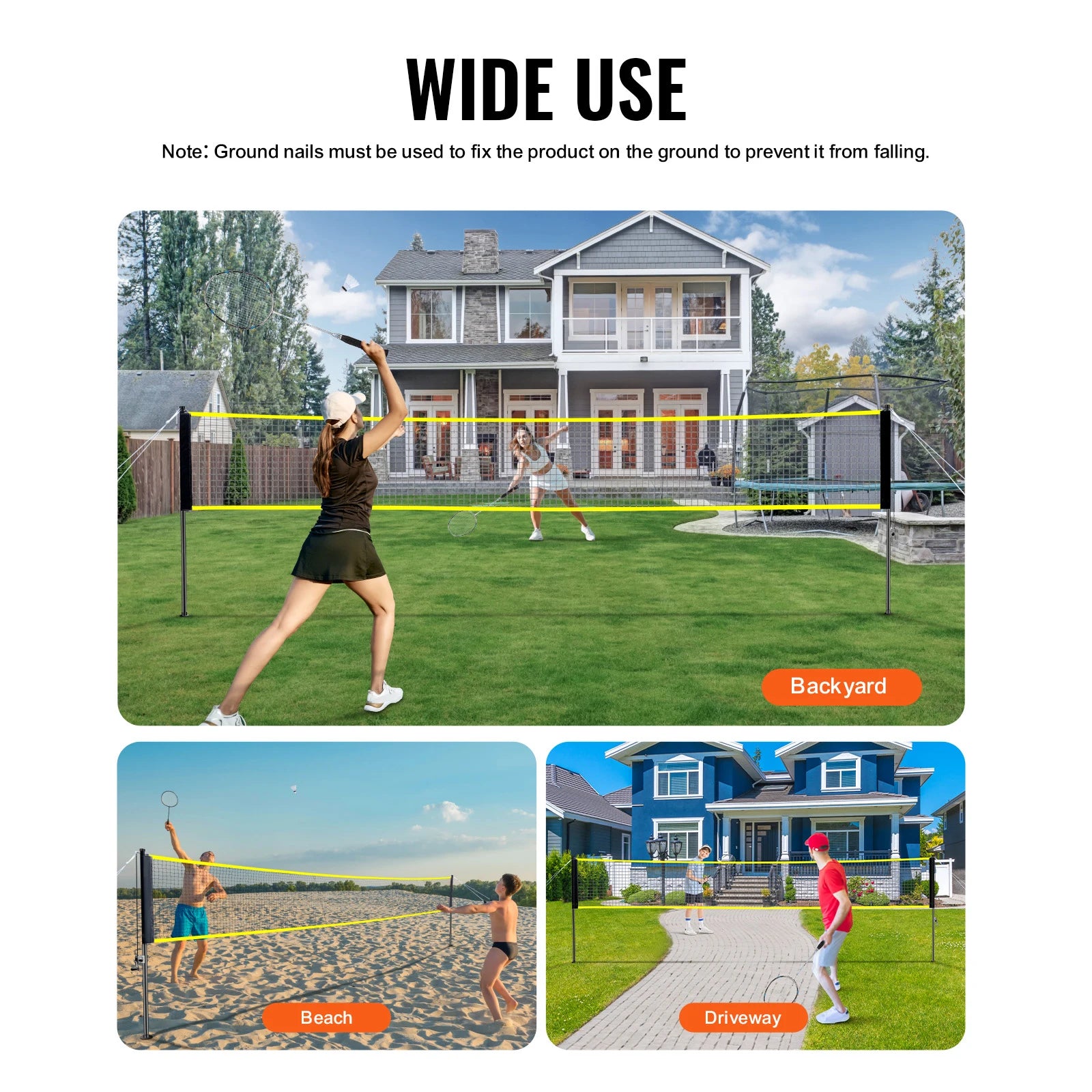 Outdoor Badminton Net Set W/Poles, Carrying Bag and 4 Iron Rackets