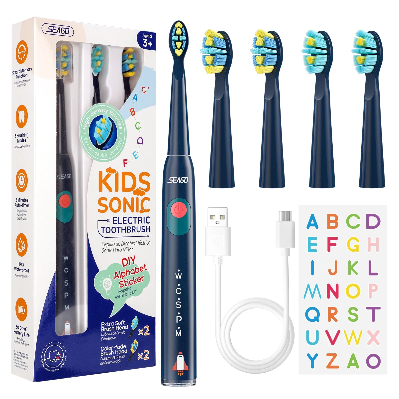 Kids Electric Rechargeable Waterproof Power Sonic Toothbrush for 3+Years of Age with 5 Modes; Replacement Head SG-2303