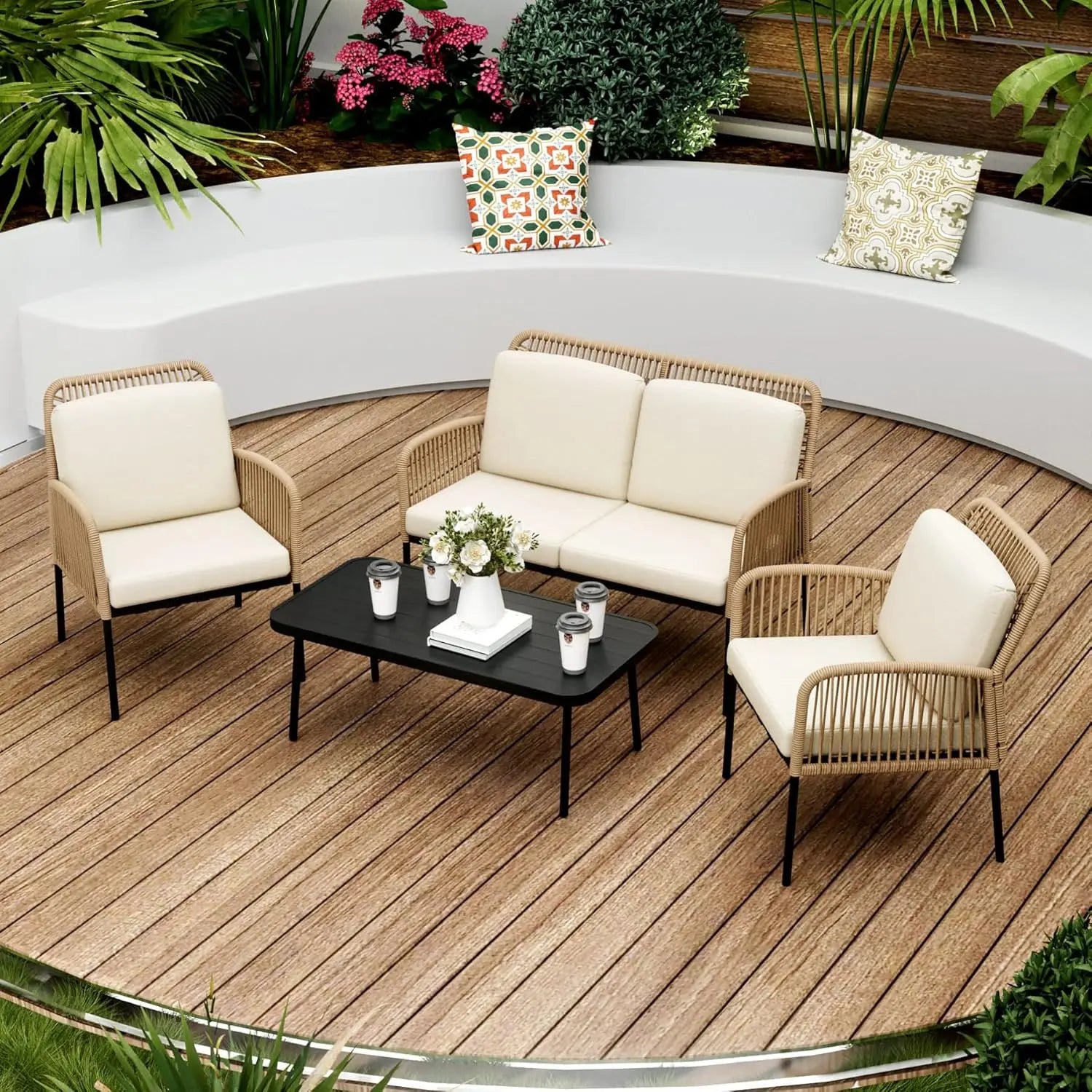 4 Pieces Outdoor All-Weather Rattan Patio Furniture Set with 2 Wicker Chairs. Loveseat & Table